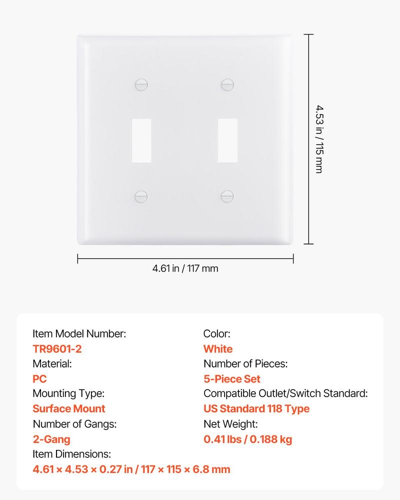 VEVOR Toggle Light Switch Wall Plates, 2-Gang Switch Electrical Outlet Covers, Standard Size 4.61in L x 4.53in H Unbreakable Polycarbonate Thermoplastic Faceplate for Receptacle Outlet&Switch(5 Pack, White)