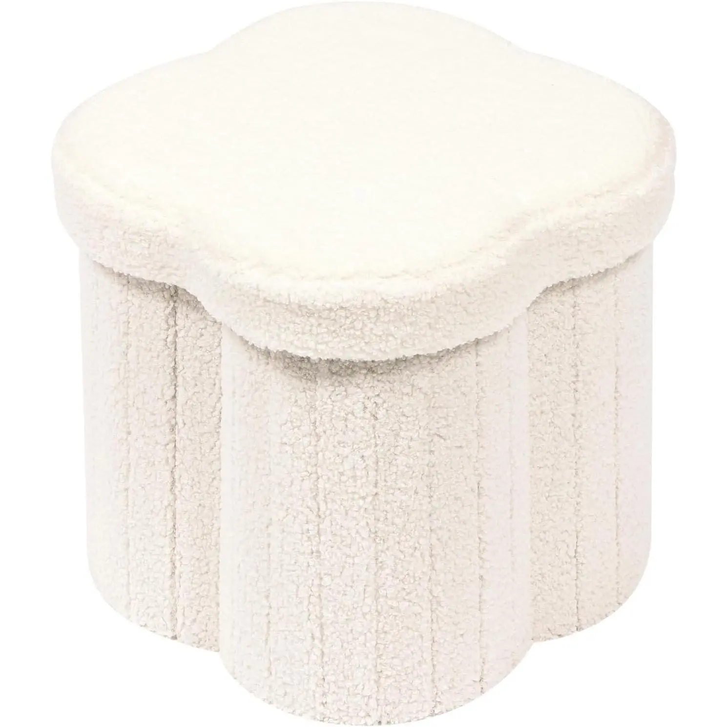 Cube Shape Flower Form Faux Teddy Fur Storage Ottoman Box - Single Unit Foot Rest, 12.6"x12.6"x12.6" White Home Organizer for Living Room Dorm Room