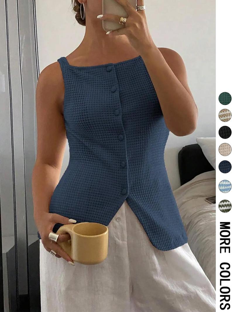 Women's Square Neck Tank Top Sleeveless Button Closure Top for Daily Wear, Ladies Clothes for All Seasons, Cropped Cami Top