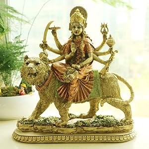 Alikiki Hindu Goddess Lord Durga Statue - India God Antique Gold Durga Murti Idol Home Temple Puja Sculpture Indian Diwali Day Mandir Pooja Decoration Family Spiritual Symbol Decor