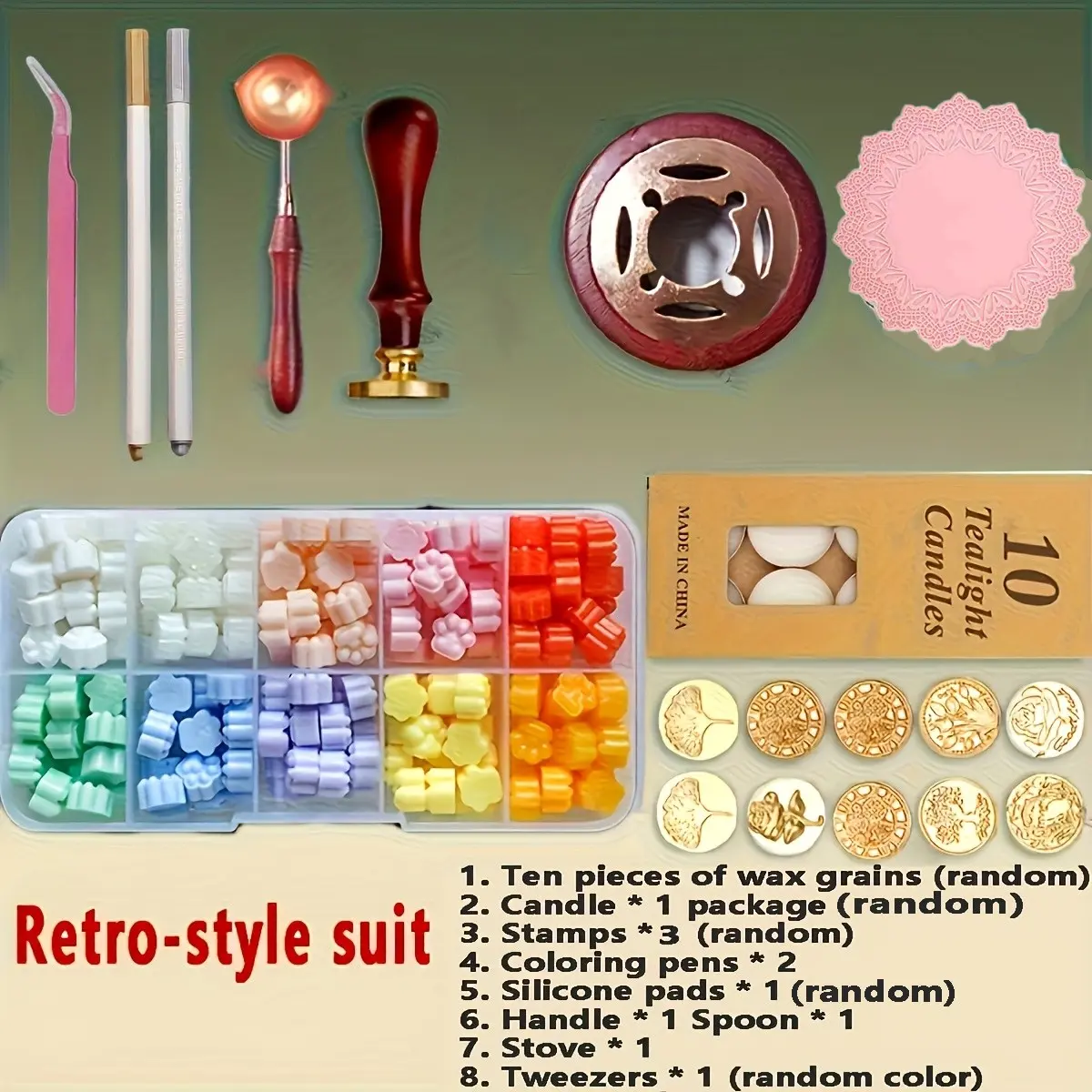 European Vintage Wax Seal Stamp Set, No Ink, Complete Tool Kit, Color-Separated Wax Beads, Ideal for Wedding Invitations and Envelopes