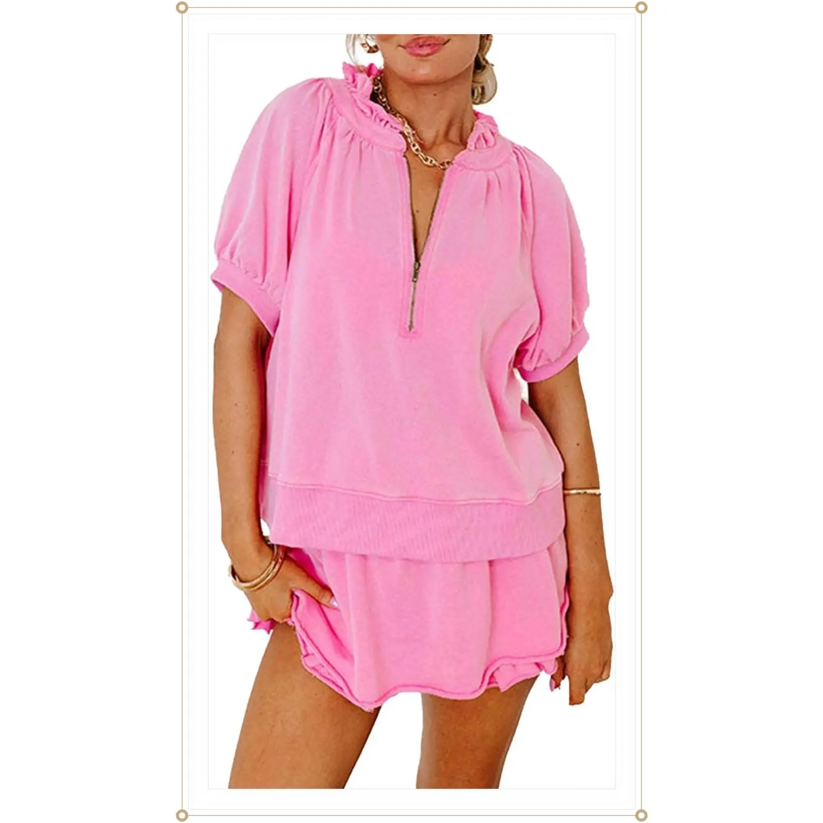 KevaMolly Women's 2-Piece Feminine Style Clothes - Breathable Fabric, Casual Short-Sleeve Half-Zip Puff-Sleeve Top & Ruffled Shorts Set for Everyday Use (Gift)