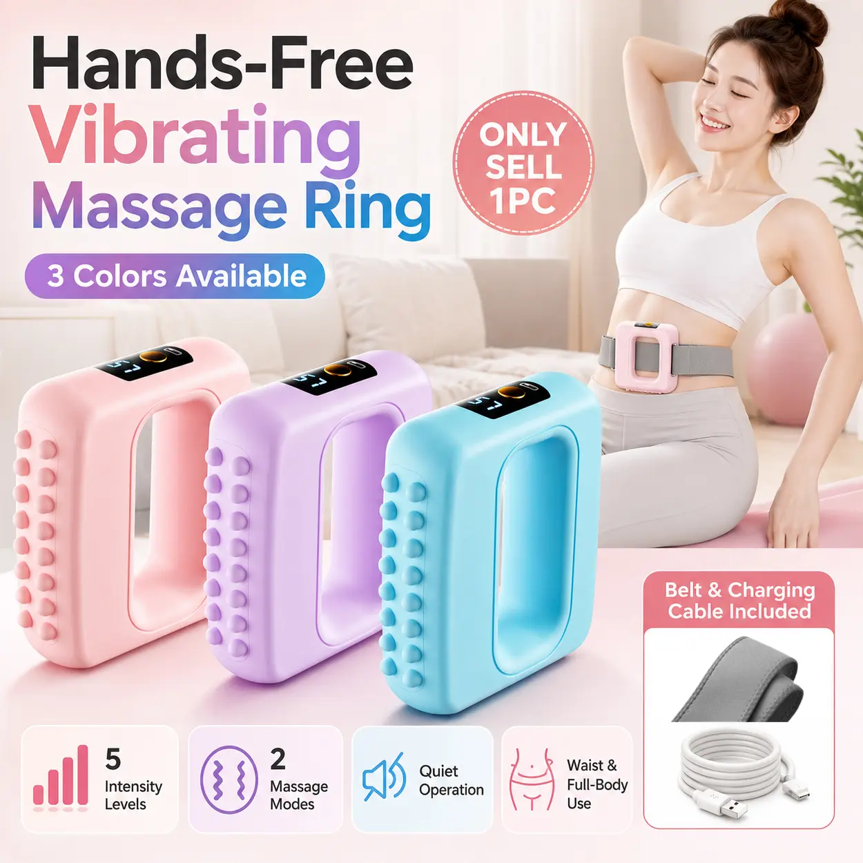 Cordless Fascia Ring Body Massager Handheld High Frequency Vibration Massage Tool, 5-Speed Adjustable Muscle Relaxation Device with 2 Modes, Portable Grip for Neck Shoulders Arms Waist Abdomen Legs Thighs, Home Gym Daily Wellness Use