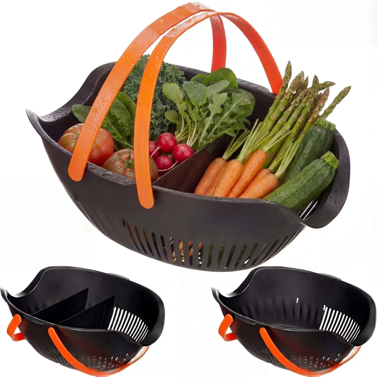 Nuogo 3 Pcs Garden Harvest Basket, Removable Partitions with Tool Caddy for Collecting, Carrying, and Cleaning Harvesting Basket Doubles as a Colander for Vegetables and Fruits Garden Accessories