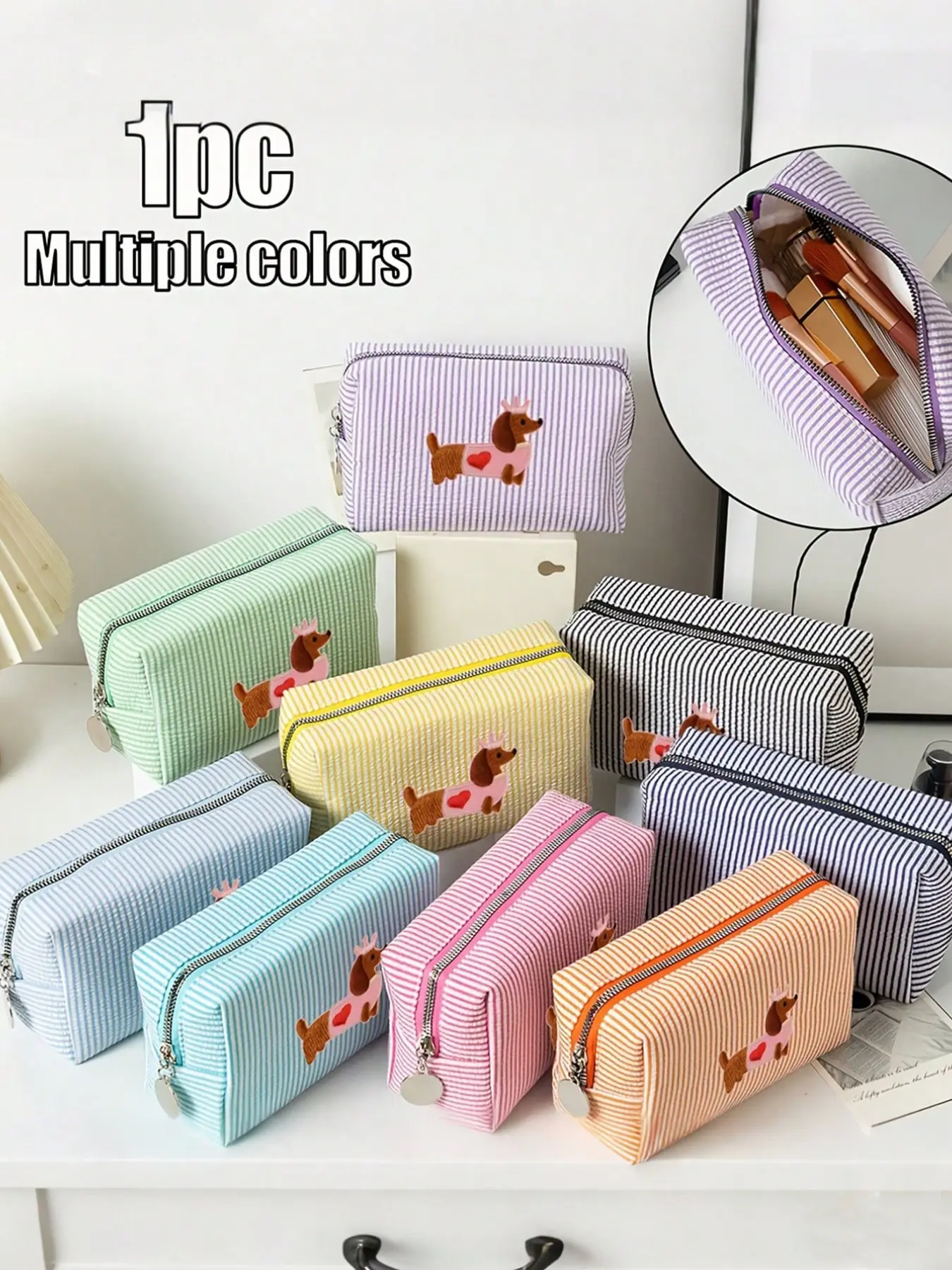 Dachshund Velvet Pencil Case, Colorful Striped Zipper Makeup Bag, Durable Desktop Accessory for School, Office, Classroom Supplies