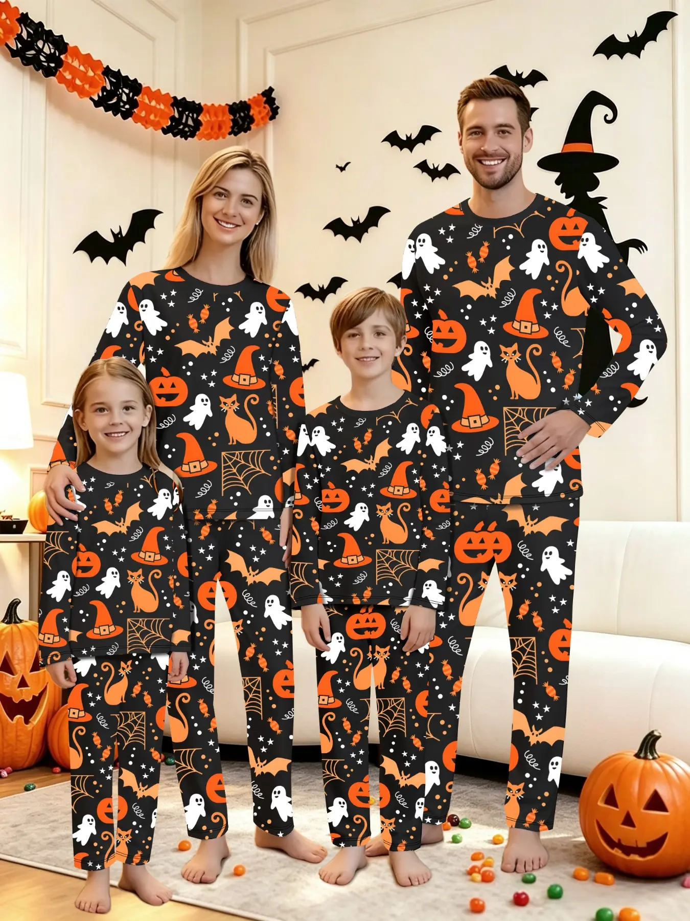 Family Halloween Pajama Set, 2-Piece Pumpkin Print Sleepwear for Men Women Kids, Casual Loose-Fit All-Seasons Home