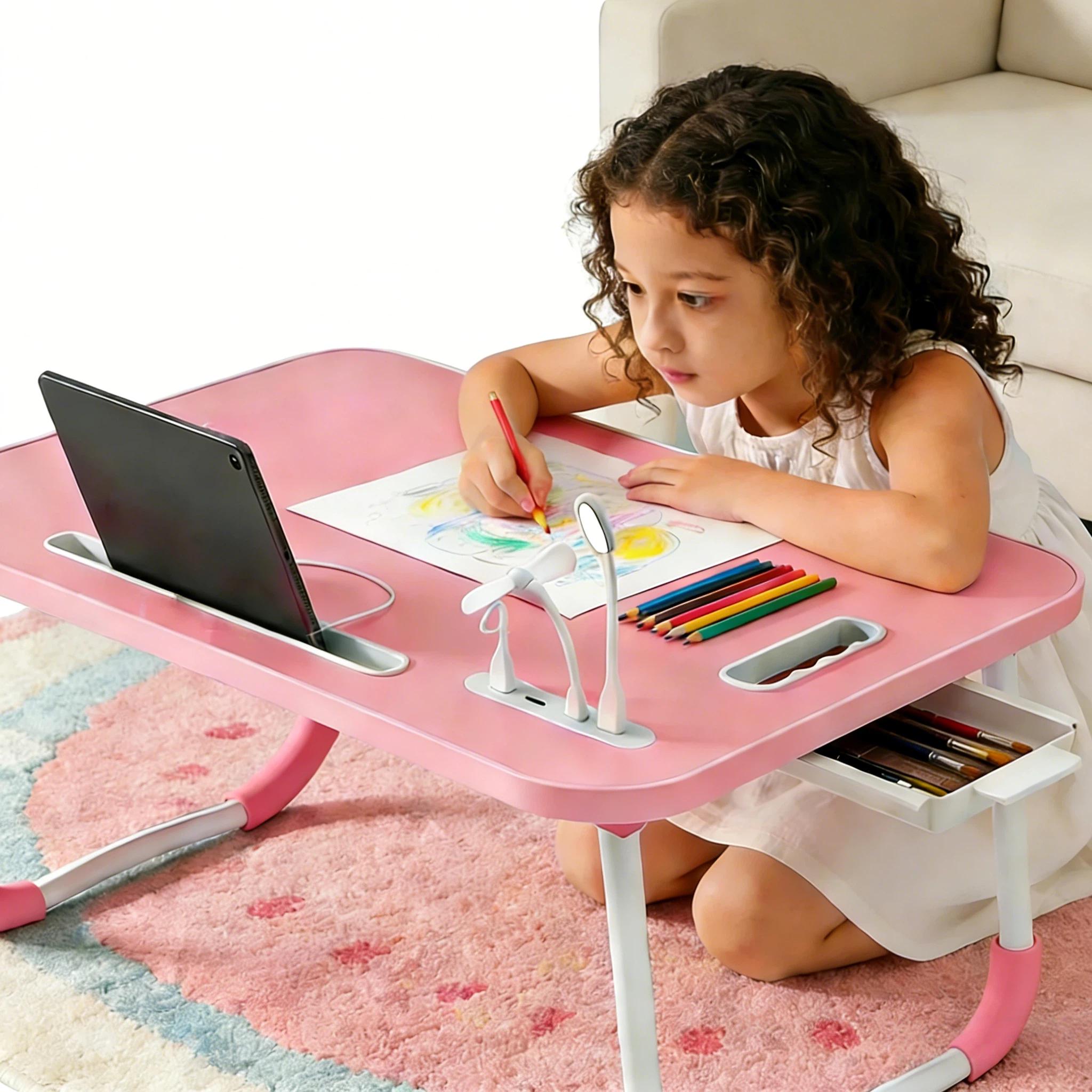 Foldable Laptop Table for Bed - Portable Adjustable Desk with Cup Holder,USB Charging Ports & Storage Drawer - Multi-Function Laptop Tray for Sofa,Floor & Outdoor Use