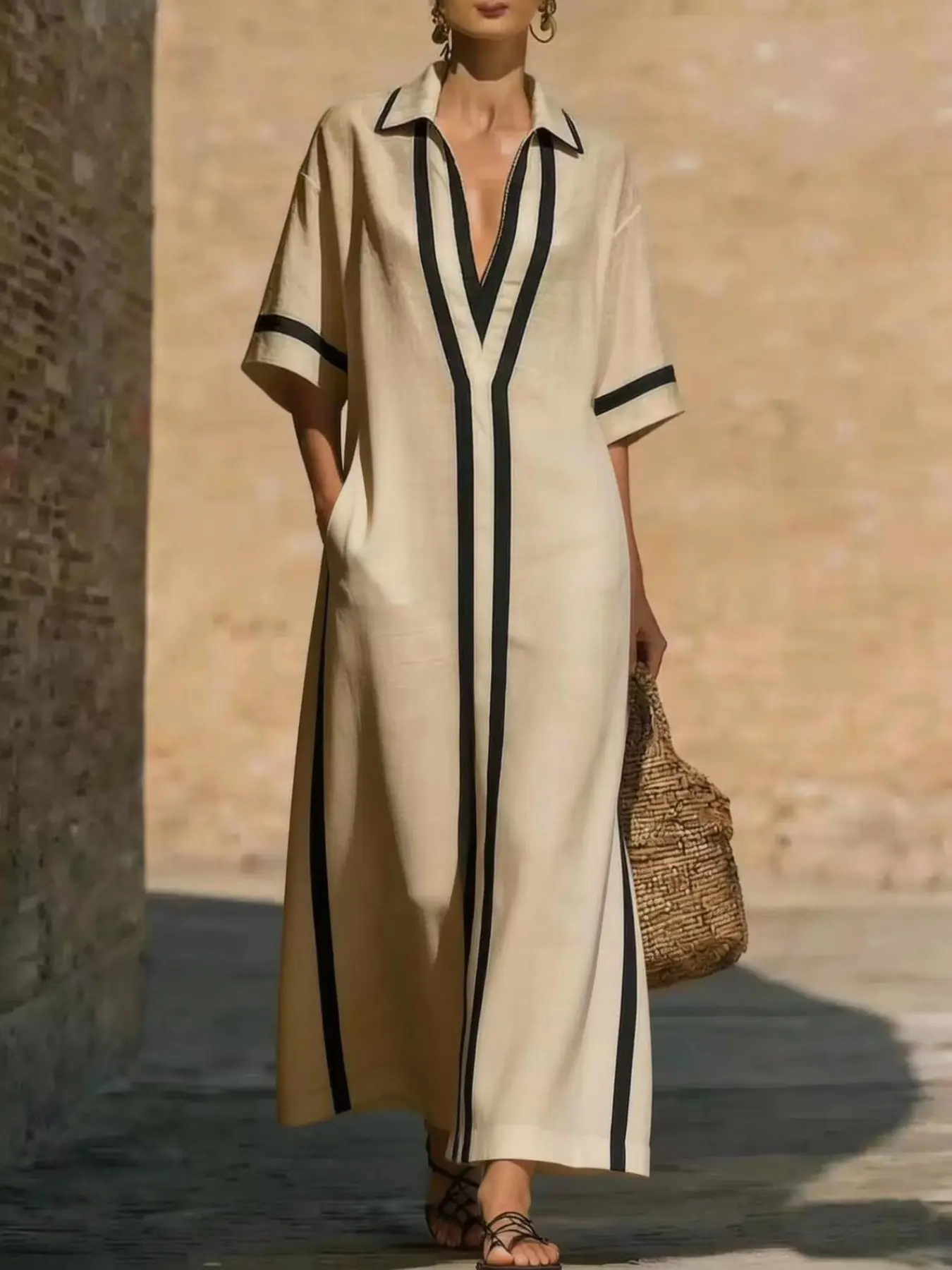 Elegant Deep V-Neck Long Shirt Dress for Women, Contrast Design, Loose Fit Slimming, Perfect for Summer Vacation, Beach Trip, Resort Style, Beach Resort Wear