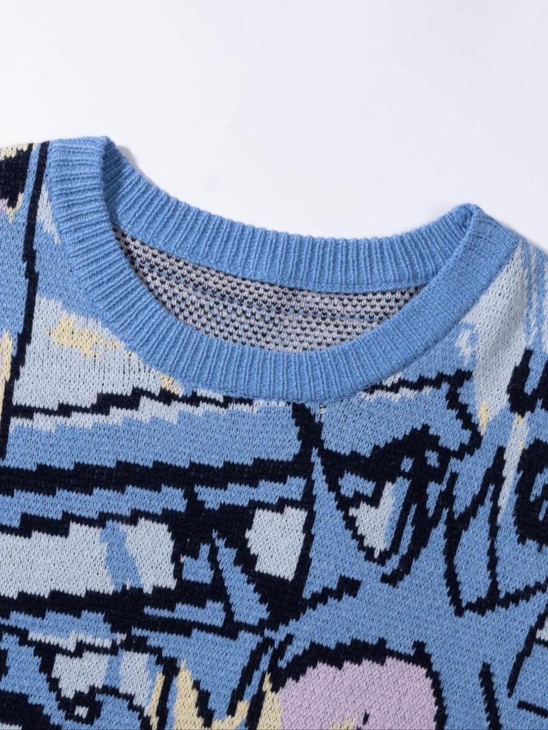 Men's Cartoon Print Round Neck Sweater Knitwear Tops, Loose Casual Long Sleeve Crew Neck Jumper for Spring & Fall, Menswear, Graphic Sweater, Street Casual Jumper