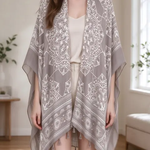Women's Ethnic Pattern Fringe Trim Kimono Cover Up, Boho Batwing Sleeve Open Front Cover Up, Ladies Summer Clothes for Beach Holiday Vacation, Beach Cover Ups, Beach Coverup, Swimsuit Cover Ups, Bohemian Cover Up
