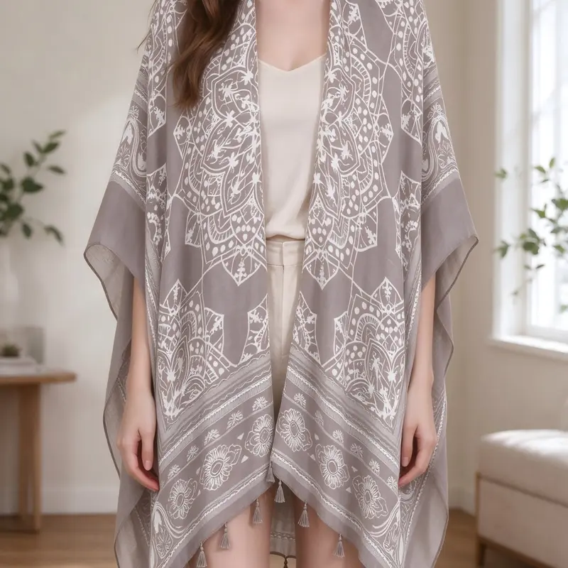 Women's Ethnic Pattern Fringe Trim Kimono Cover Up, Boho Batwing Sleeve Open Front Cover Up, Ladies Summer Clothes for Beach Holiday Vacation, Beach Cover Ups, Beach Coverup, Swimsuit Cover Ups, Bohemian Cover Up