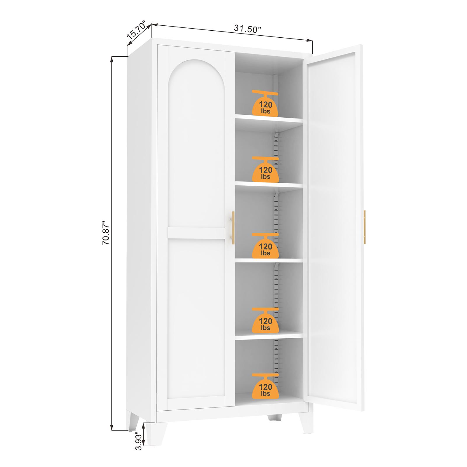 ARCH 71'' 2 Shapely Doors Cabinet, Metal Storage Cabinet with Doors and Adjustable Shelves, for Bedroom, Living Room, Kitchen(White)    RR