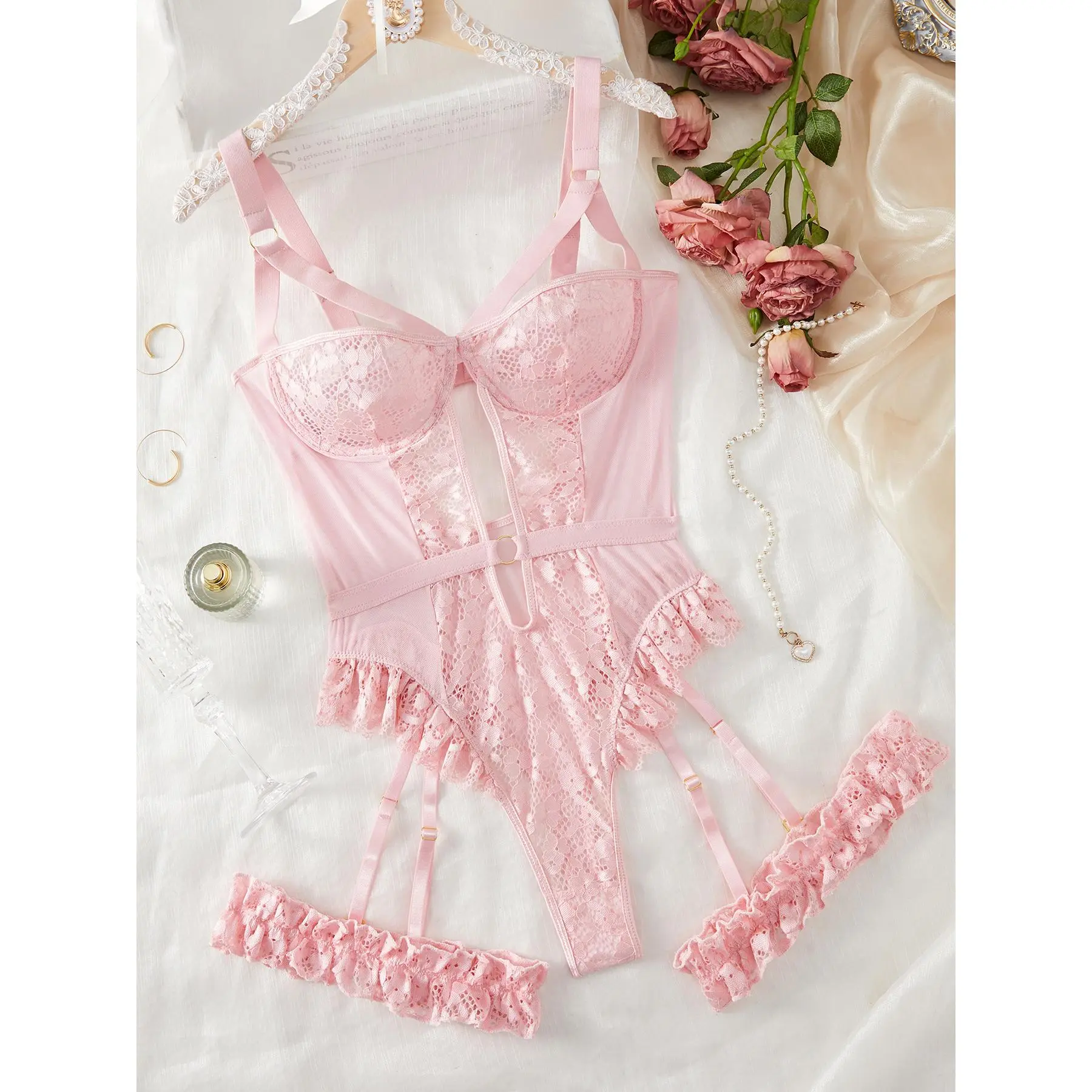 2pcs Red Floral Lace Garter Lingerie Set With Choker Women Intimates 2022 Underwire Bra And Thongs Ladies Underwear Set