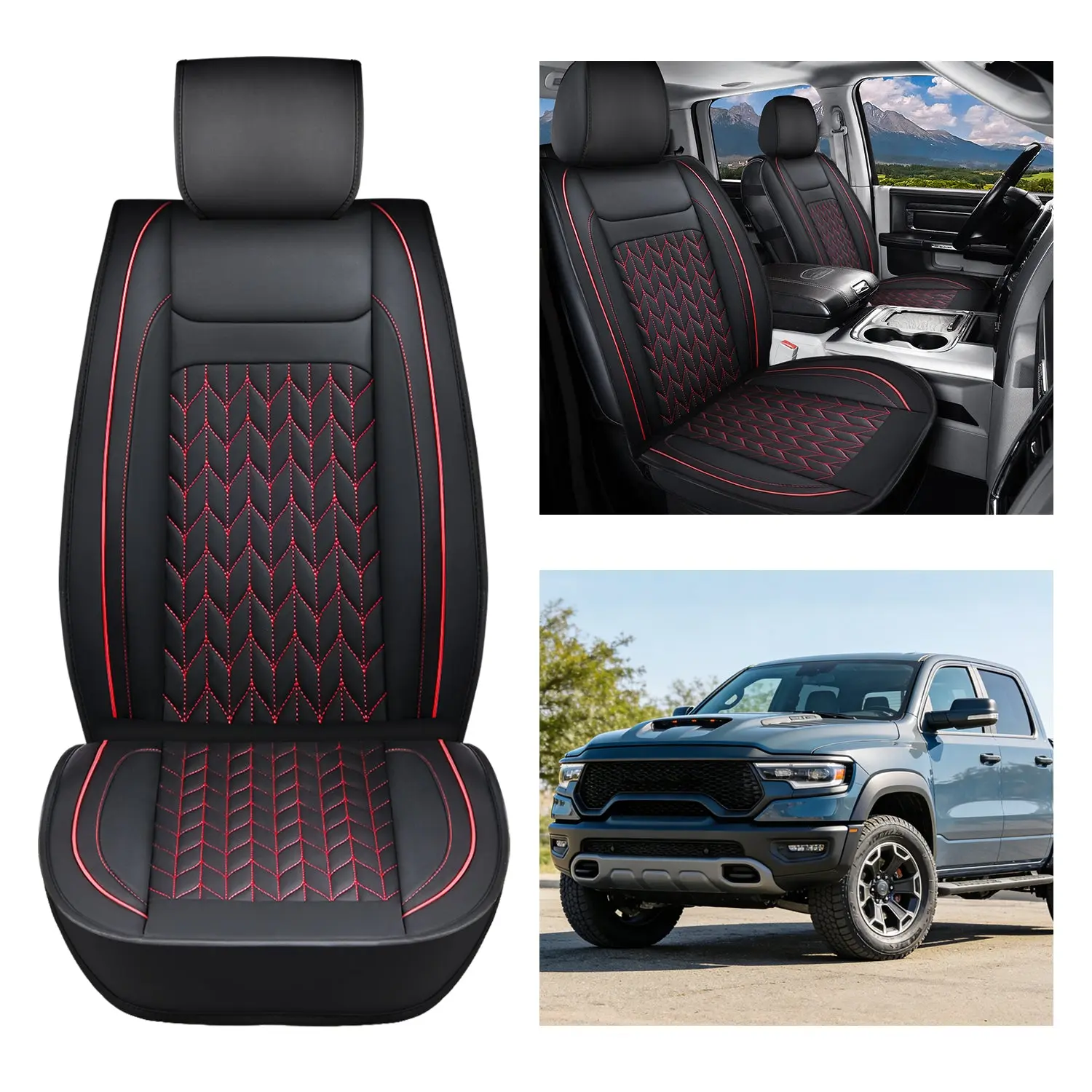 Nilight Custom Fit 2pcs Front Seat Covers for 2009-2024 Dodge Ram 1500, 2010-2024 Ram 2500 3500, with Adjustable Headrest Cover, Airbag Compatible Design, Extra Storage, Automotive Seat Covers, Ram Seat Cushions
