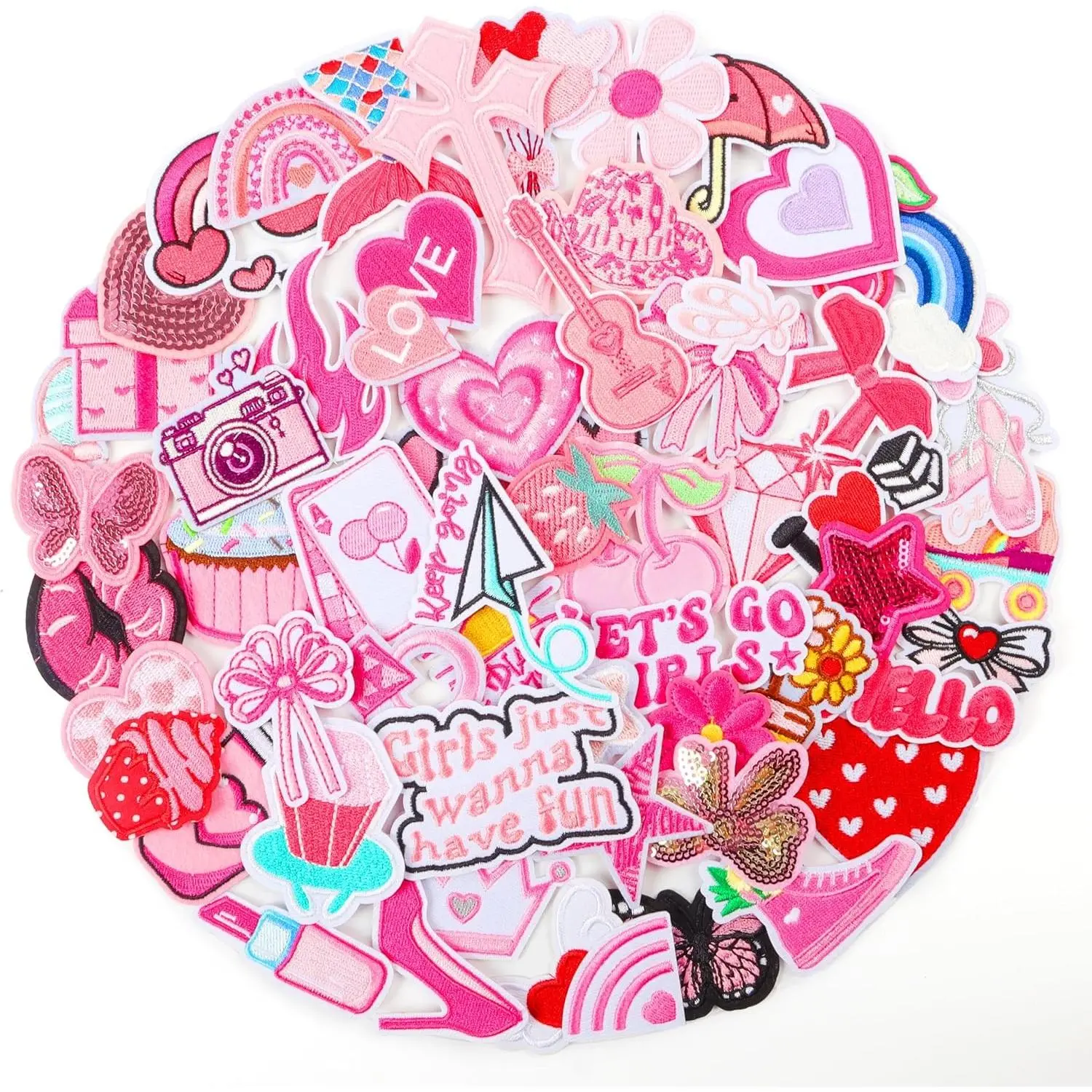 Iron on Patches for Girls: 60PCS Girly Random Embroidery Patches for Backpacks Clothing Hats Jackets Pants Decor - Assorted Cute Sew on Appliques for DIY Accessories
