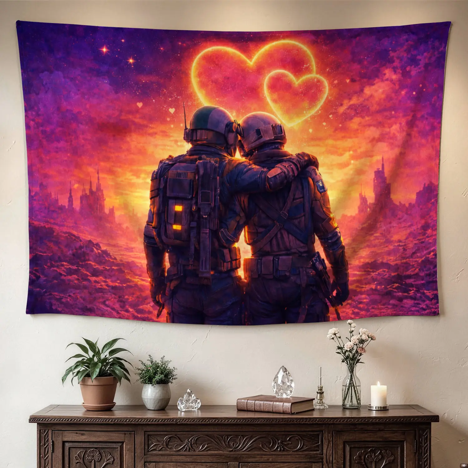 Romantic Sci-Fi Couple Heart Wall Tapestry - Large-Size Printed Horizontal Polyester Colorfast Decor Artwork, No-Installation Room Decor Wall Hanging, Gift Idea for Family & Friends, Multi-Size