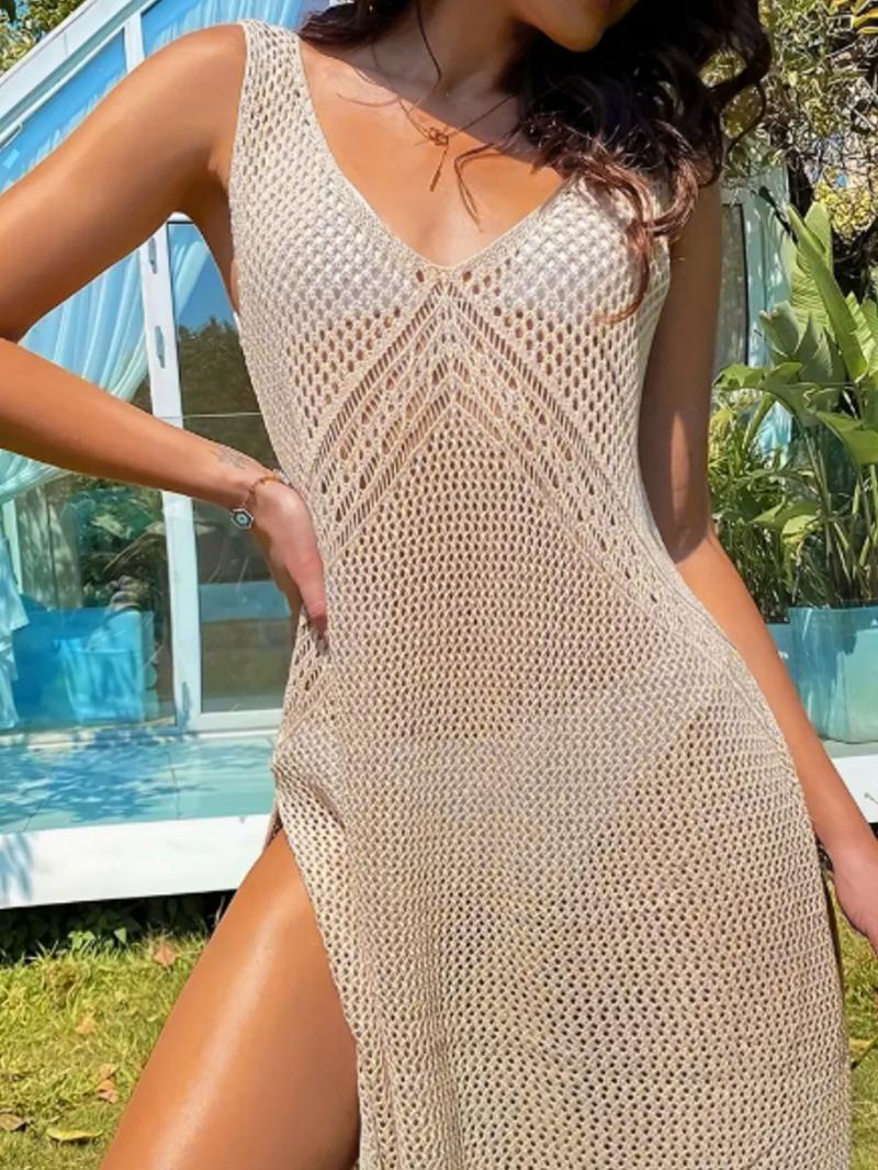 Women's Plain Hollow Out Split Thigh Tie Back Sheer Tank Dress, Summer Clothes Women, Casual V Neck Sleeveless Cover Up Dress for Summer, Ladies Clothes for Beach Holiday, Swimwear Coverups, Swimsuit Cover Up, Summer Swimming Cover