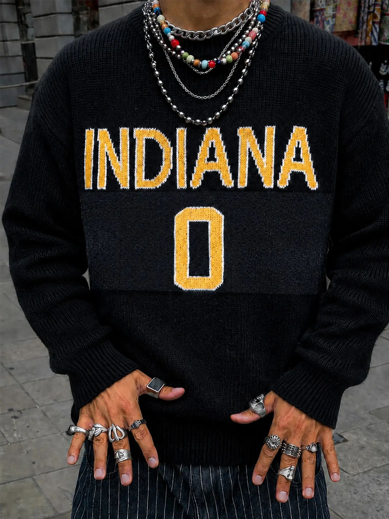 Men Vintage Indiana 0 Letter Crewneck Knit Sweater, Thick Soft Oversized Pullover, Retro Sporty Streetwear Top for Fall Winter