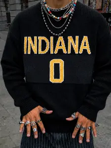 Men Vintage Indiana 0 Letter Crewneck Knit Sweater, Thick Soft Oversized Pullover, Retro Sporty Streetwear Top for Fall Winter
