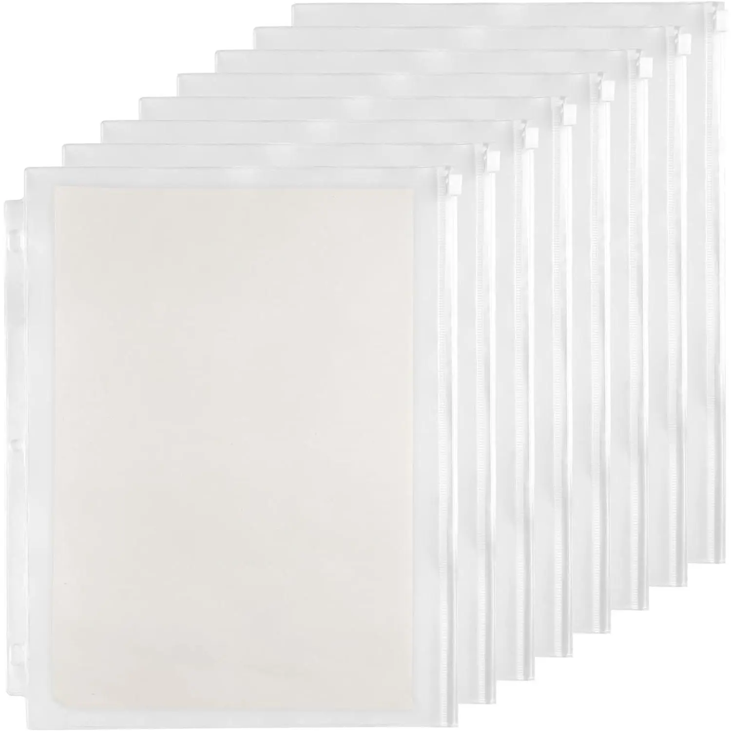 8 Pack Clear Zipper Binder Pockets for 3 Ring Binders, Clear | Letter-size PVC pockets with 3 holes, zipper closure and clear design for storing papers and school supplies.