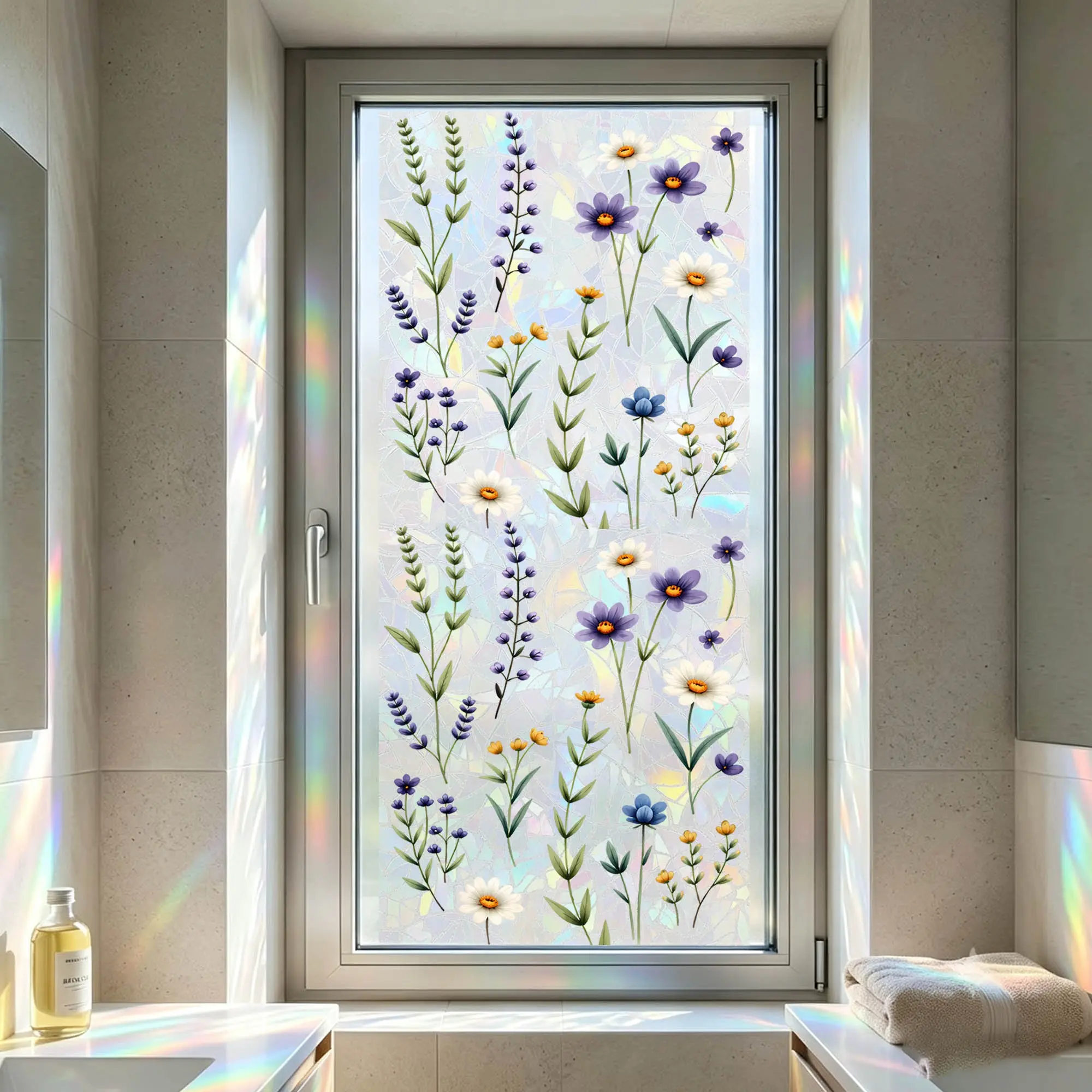 17x39.4in Retro Flowers Window Privacy Film, Magnolia Stained Glass Decorative Film, Rainbow Stained Window Cling Sticker, Floral Removable Static Cling