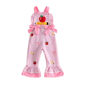 Toddler Baby Girls Back-to-School Overalls Apple Pencil Embroidery Plaid Jumpsuit Cute Bow Suspender Pants for Toddler
