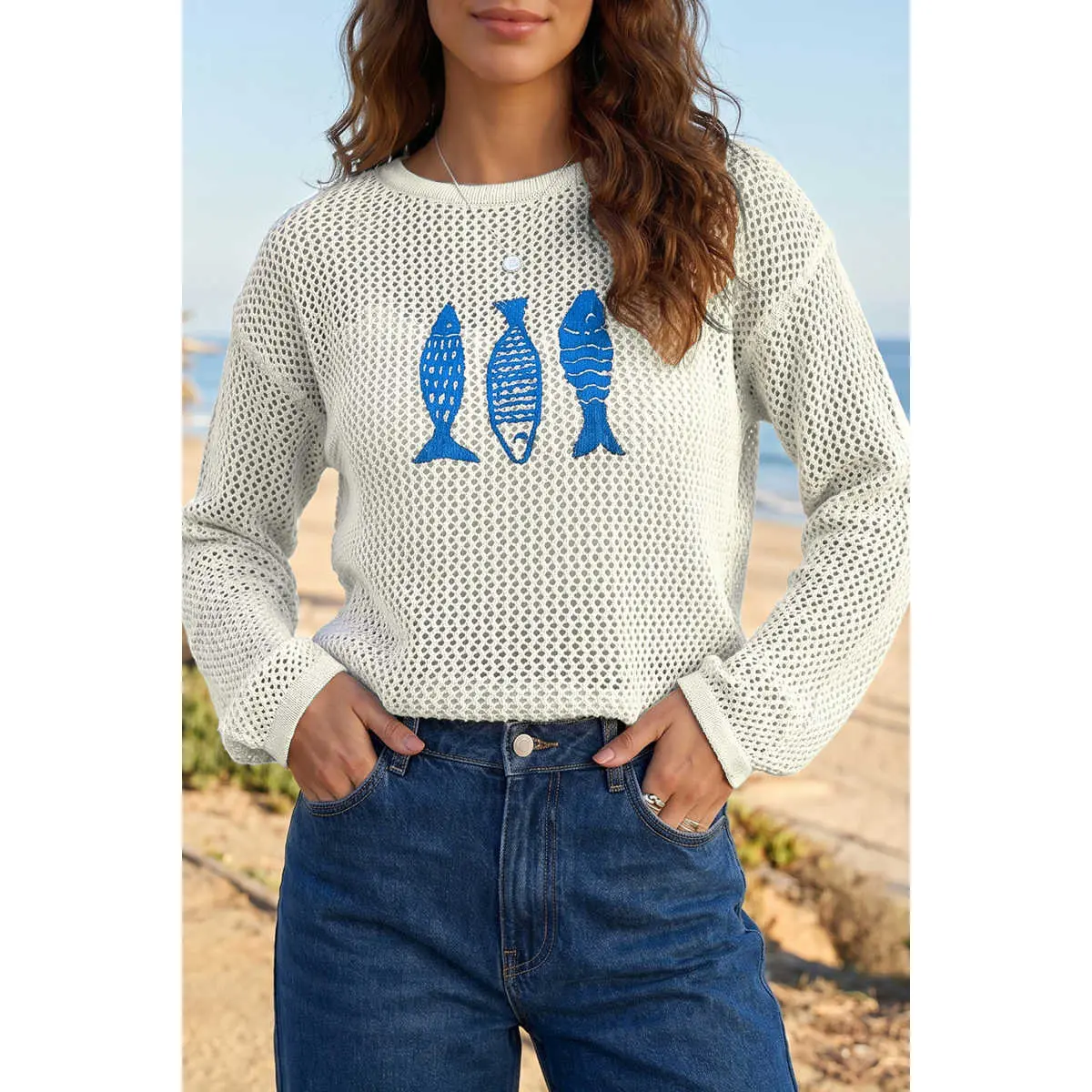 Women's White Breathable Open-Knit Mesh Long-Sleeve Knitwear, Casual Sweater with Fish Embroidery