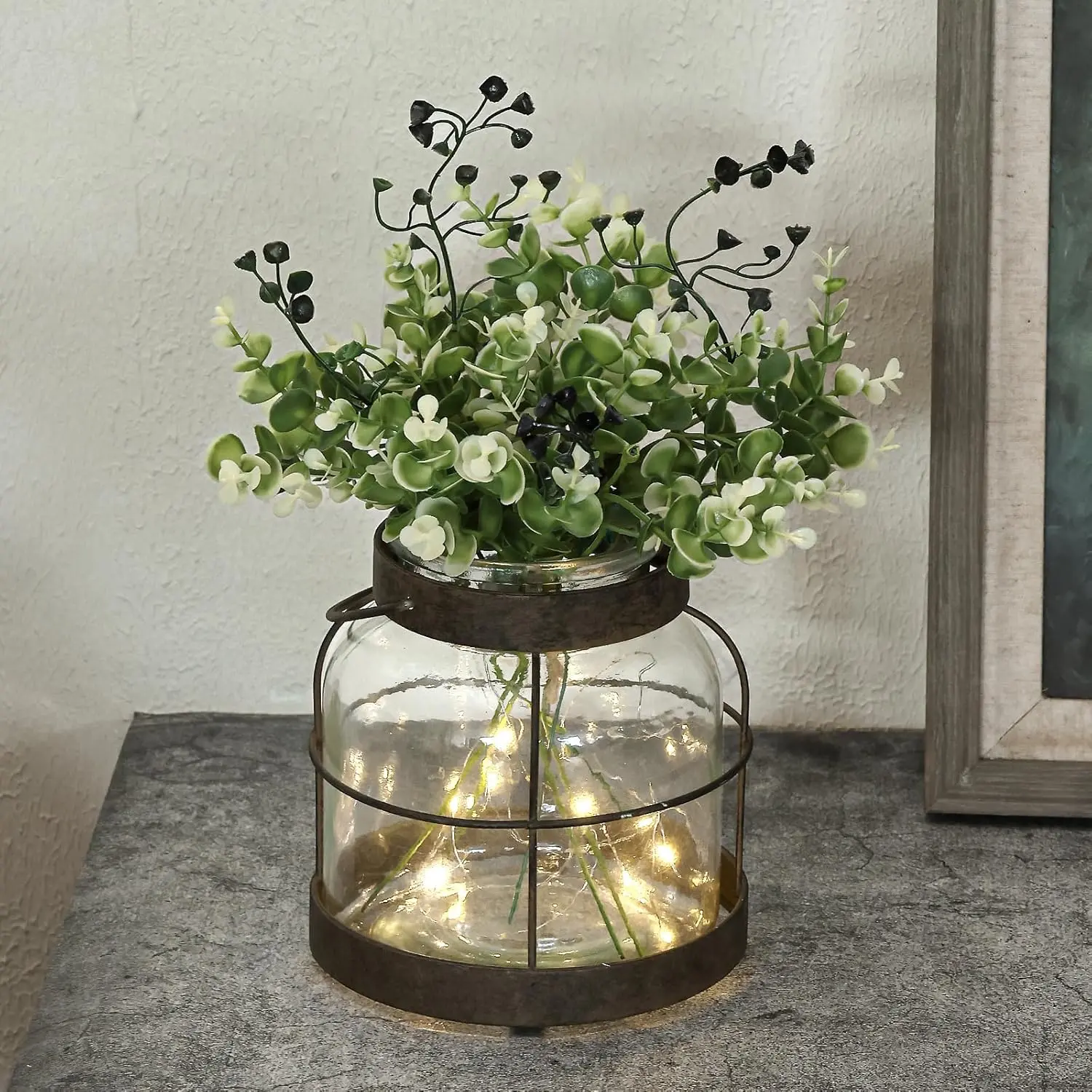 Vintage Glass Farmhouse Vase with Lighted Resin Rustic Lantern - Christmas Decorating Lit Interior Home Decor, Floral Arrangement Piece, Hostess Gift (Vase+Greenery+Light), Festive
