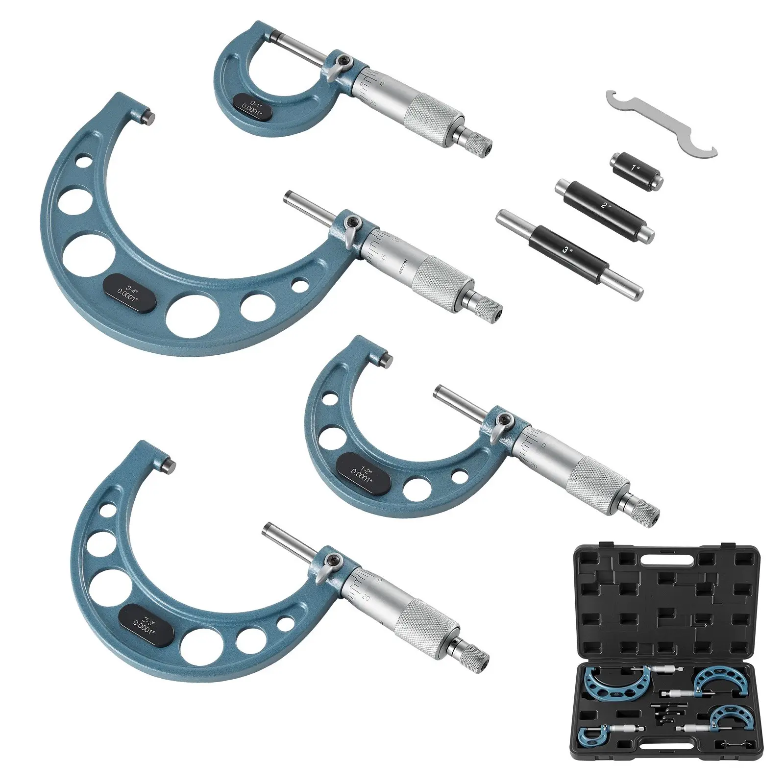 VEVOR 4 PCS Machinist Outside Micrometer Set, 0-1"/1-2"/2-3"/3-4" Range, Ultra-Precise 0.0001 Accuracy, Professional Tool with Protective Case for Metalworking Engineering