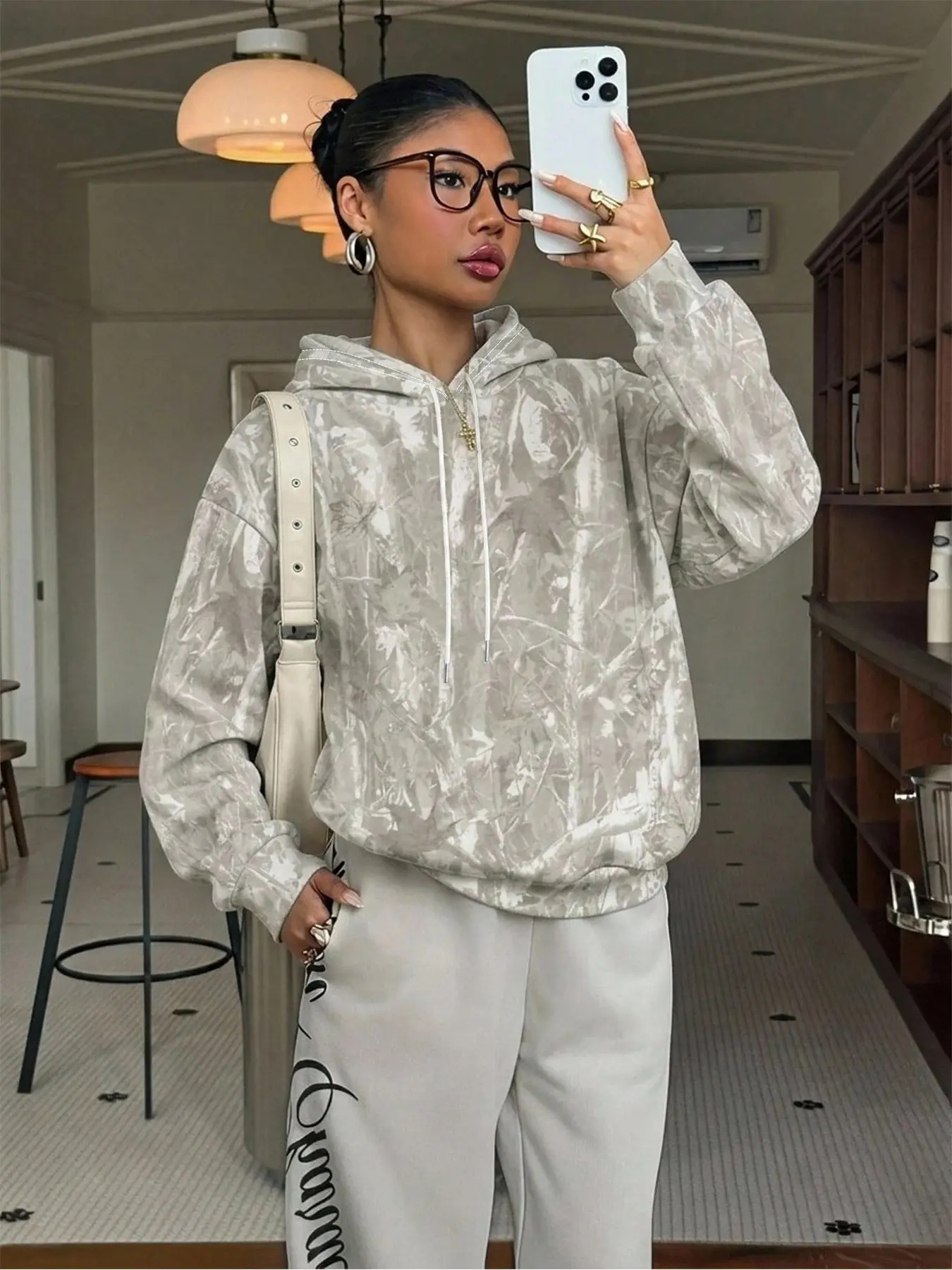 Earth Tone Tree Camo Hoodie, Loose Fit, Adjustable Drawstring, Kangaroo Pocket, Soft Fabric, Casual Sweatshirt for Fall & Winter