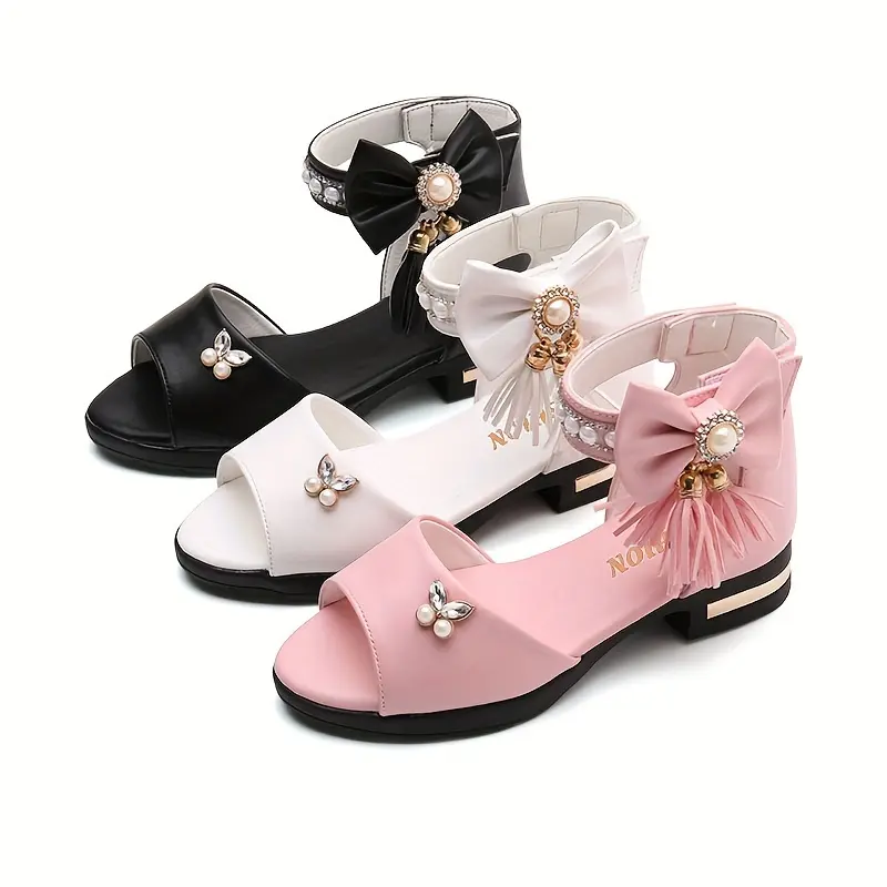 Girls' Decorative Bow Slip On Sandals - Solid PU Leather Open Toe Summer Flats with Lightweight PU Rubber Sole, 1cm Or Less Flat Heel
