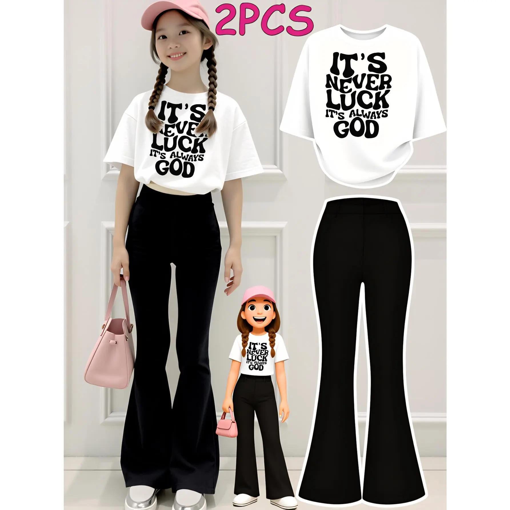 2pcs Tween Girls Clothes T-Shirt Set It'S Never Luck It'S Always God Print Girl Clothes Short-Sleeved Round Neck T-Shirt Bell Bottom Pants Set Perfect for Outdoor Kids Clothes