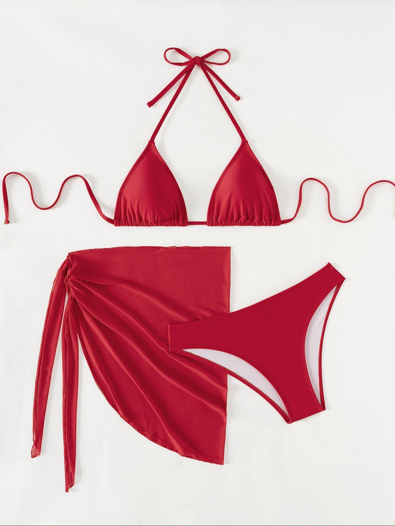 Three-Piece Set Women's Floral Print Bikini Set, Casual Halter Triangle Swim Bra & Swim Panty & Plain Knot Side Cover Up Skirt, 2024 Summer Swimsuit for Beach Vacation