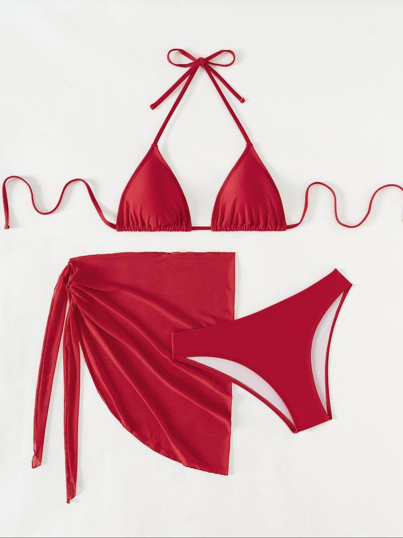 Three-Piece Set Women's Floral Print Bikini Set, Casual Halter Triangle Swim Bra & Swim Panty & Plain Knot Side Cover Up Skirt, 2024 Summer Swimsuit for Beach Vacation