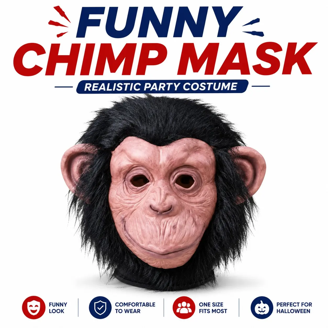 Funny Chimpanzee Mask Realistic Animal Head Costume, Halloween Parties Cosplay Prank, Dress Up Accessory for Fun Events, Funny Face Mask