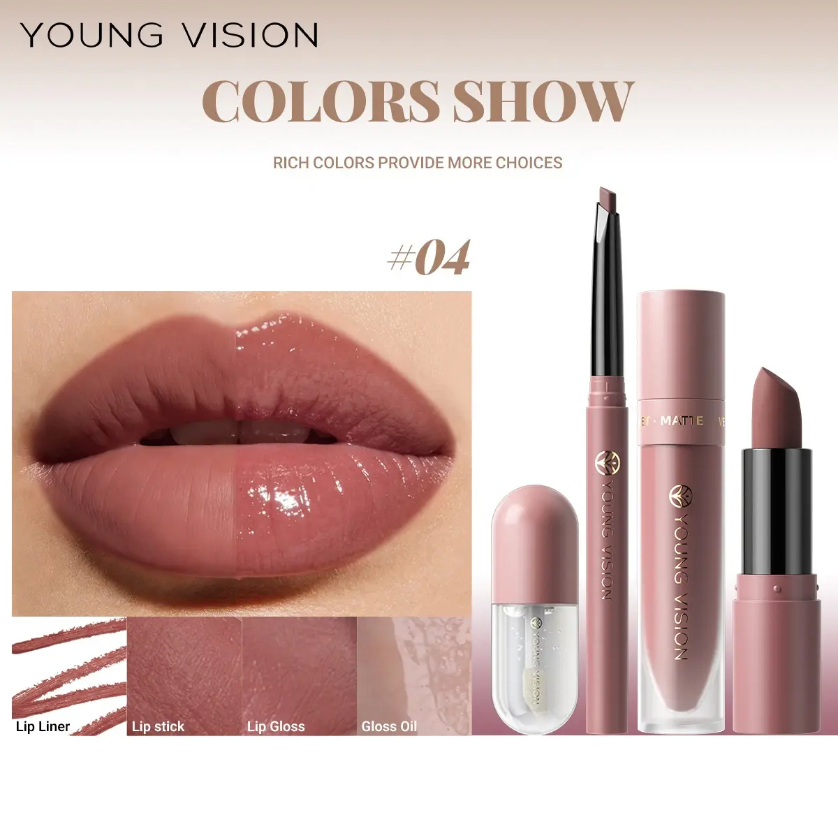 YOUNG VISION  Lip Makeup Set, Liquid Lip Liner, Matte Lipstick, Glossy Lip Balm, Highlighting Lip Oil, Multi-Colors, Suitable for All Skin Tones