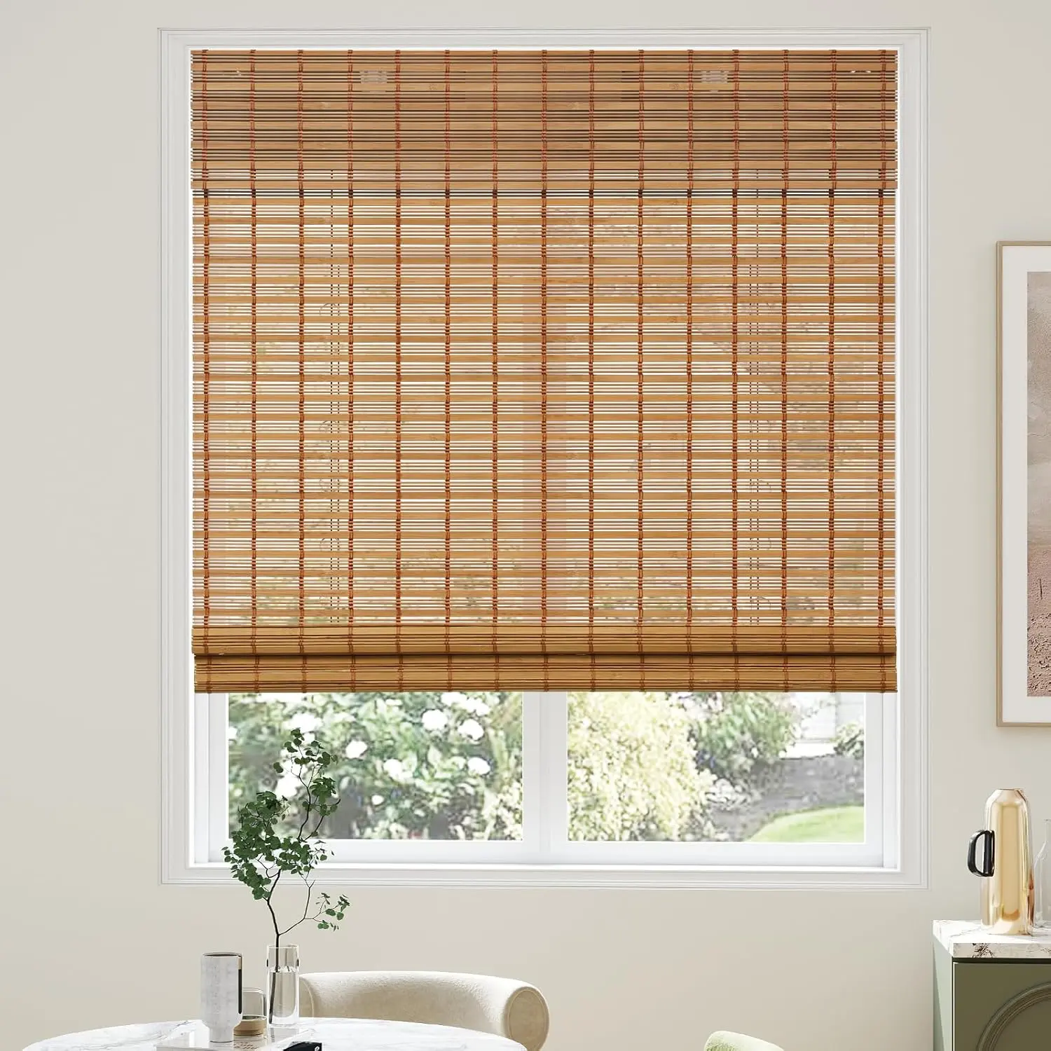 Bamboo Roman Shades with Valance Cover Cordless Blinds for Indoor Windows Light Filtering Woven Wood Shades for Home & Patio Privacy Protection 20" W x 64" H Carbonized