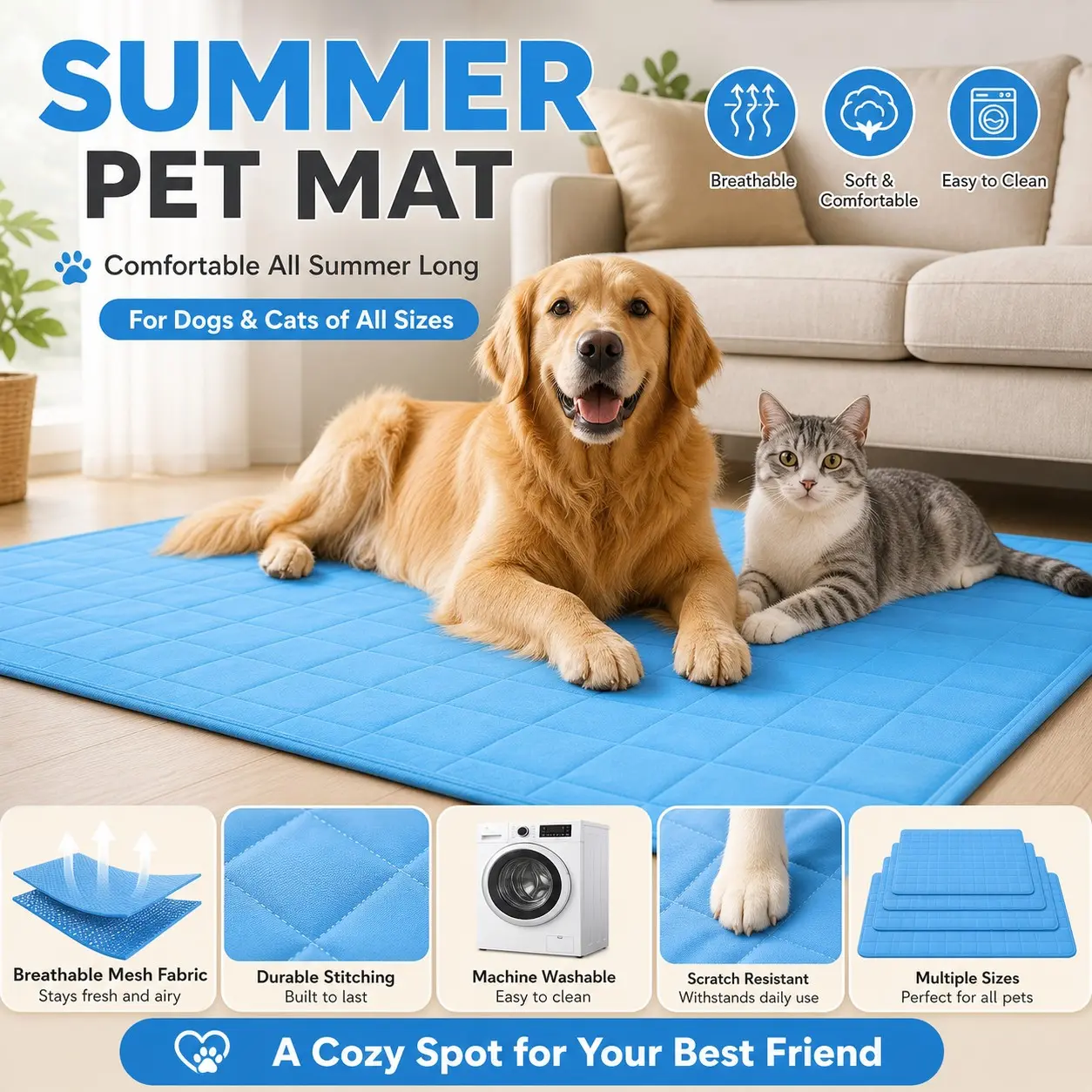 Extra Large Summer Pet Mattress for Kittens, Cats and Dogs, Breathable Mesh Pet Bed, Thick Polyester Fiber Pet Pad, Cool Sensation Upgrade