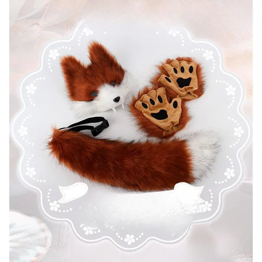 3D Wolf Mask & Furry Tail Set, Comfortable Polyester Halloween Cosplay Party Costume Prop, Fashion Face Covering Accessory, Ideal Black and White 3-Piece Set Gift, Accessories, Black And White Three-Piece Set