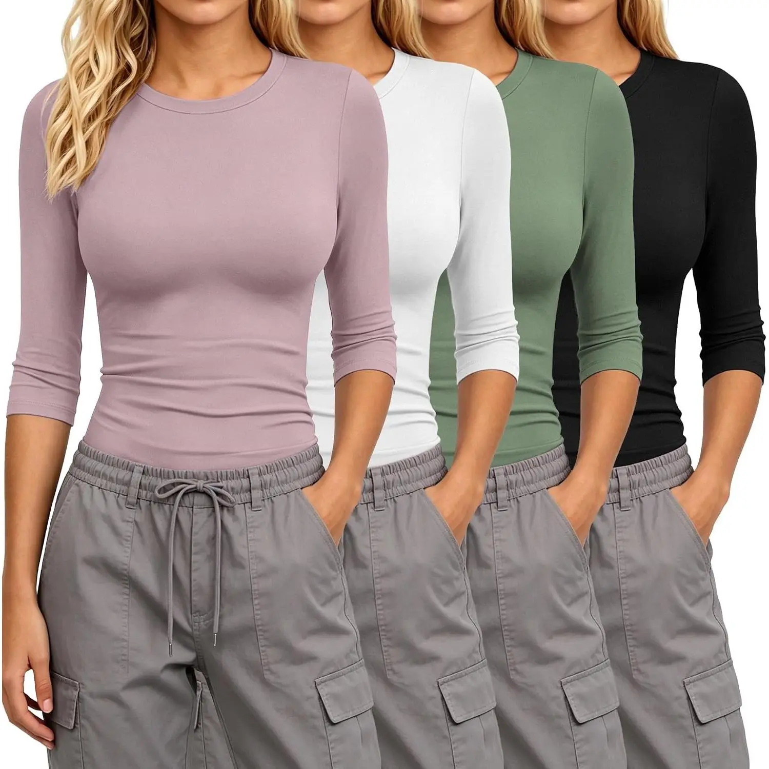 Women's 4-Pack Fitted Cut 3/4 Sleeve Crew Neck Blouses - Casual Style Shirts, Soft Basic Tee Tops for Spring Summer Business Work, Easy to Match with Skirts, Jackets, Cardigans, Trousers