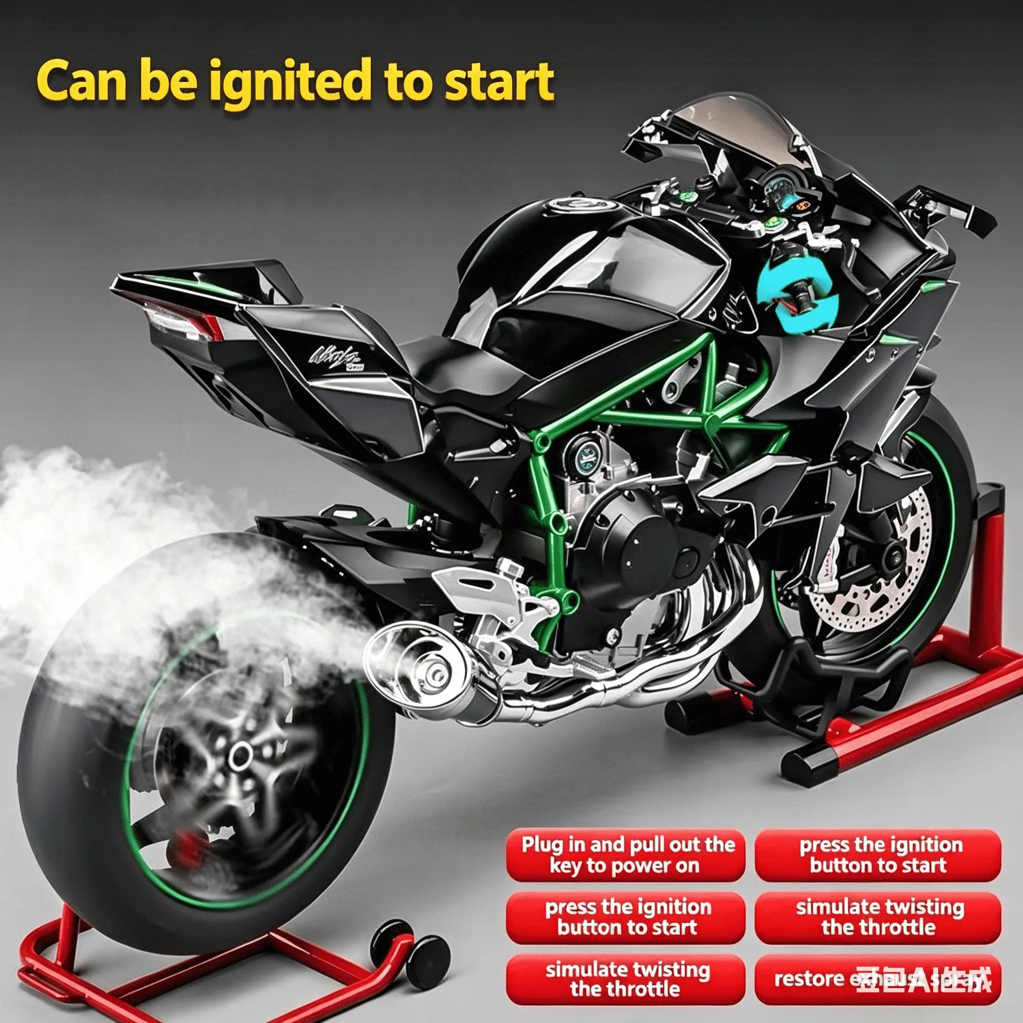 Dynamic Alloy Cast Super Motorcycle Model, Startable with Spray Function, Rotatable Rear Wheel, Light and Sound Simulation, Desktop Decor, Gift for Bike Enthusiasts