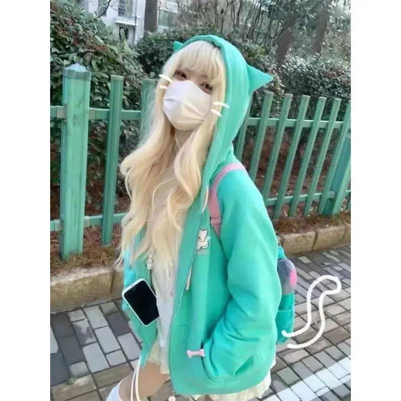 Sweet Thin Sportwear Jacket with Hooded Japanese Kawaii Coats Women Y2k Tops Sweatshirts Shorts Subculture Casual Clothing