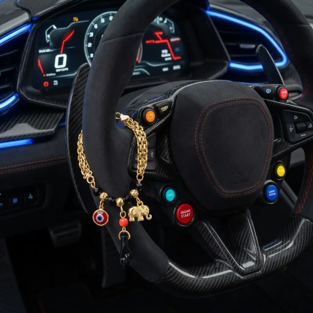 Women's Gold Evil Eye Lucky Protective Car Steering Wheel Bracelet - Black Red Beaded, Elephant Hamsa Hand Charm Spiritual Amulet - Car Interior Accessories, Auto Decor Gift for Female Drivers, Accessories For Car homedecor