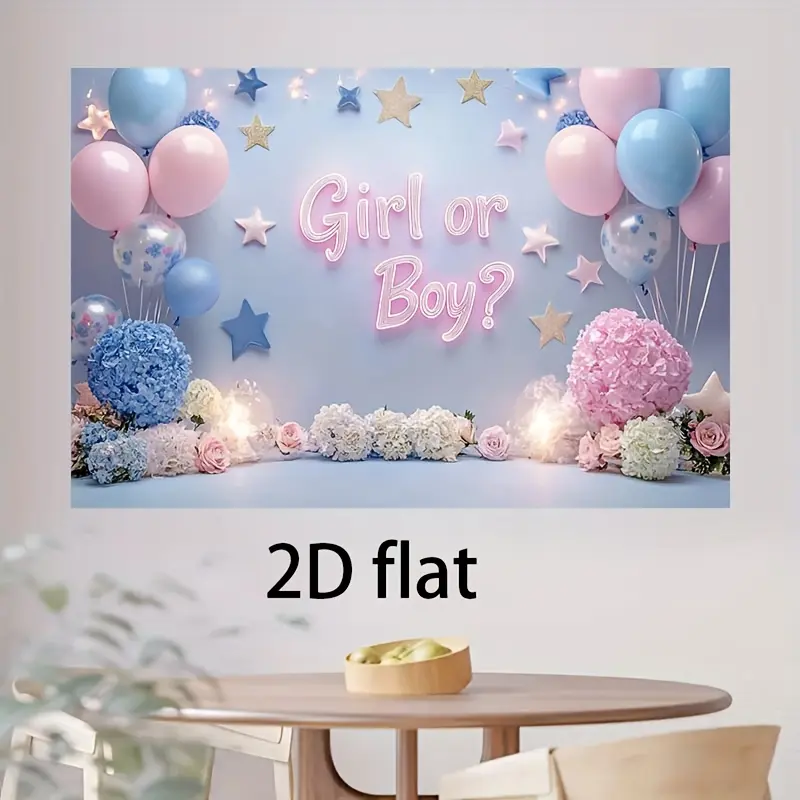 One 2D flat banner: "Romantic Starry Night Discovery Party: Pink and Blue Balloons and Flower Decorations for a Dreamy Gender Revelation"