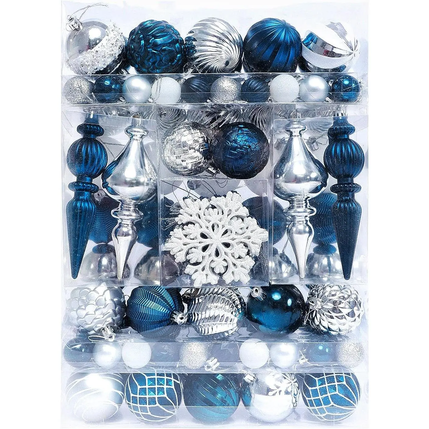 HipTree 116ct 1.18"-6.5" Silver Blue Christmas Tree Ornaments Set, Shatterproof Luxury Assorted Pre-Strung Hanging Baubles, Bulk Holiday Decor for Tabletop Tree, Mantel, Xmas Party Indoor Home