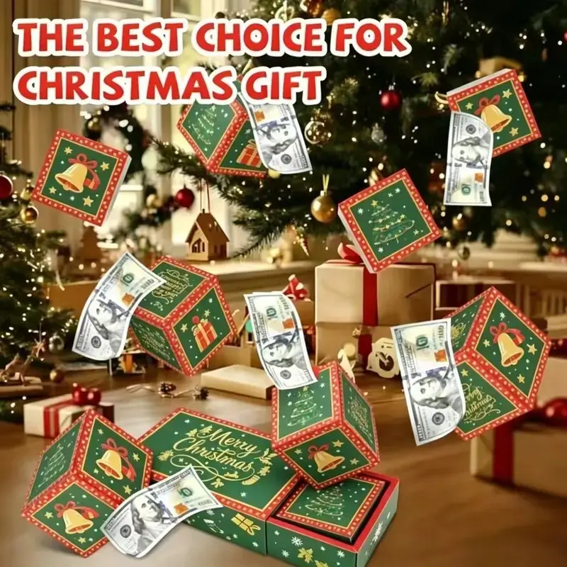 Christmas Surprise Gift Box Explosive Cash, DIY Pop-Up Foldable Jumping Explosion Gift Box with Confetti, Christmas Money Chest
