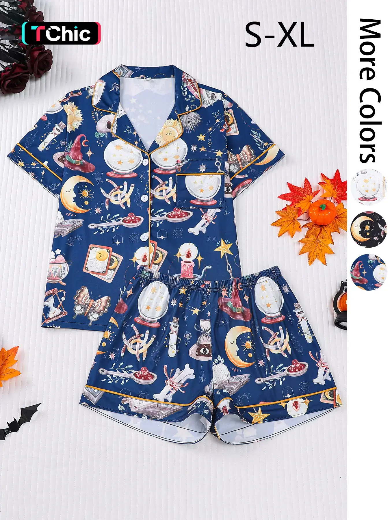 2 pieces of women's Halloween witch hat skull crystal ball butterfly print short sleeved shorts comfortable lapel pajama set Pjs Loungewear Pajamas Lounge Set knitted top pocket elastic waistband suitable for all seasons casual classic home wear