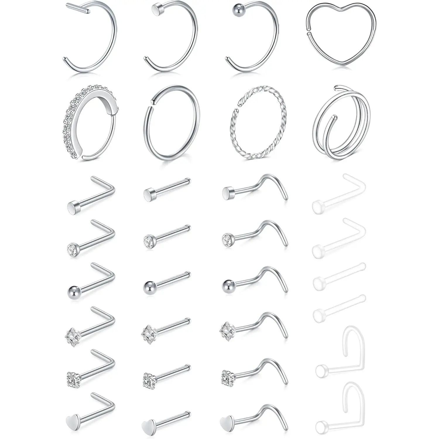 20G Nose Rings Hoops Studs, Stainless Steel Round CZ L Shaped Nose Screw Straight Studs, Hypoallergenic Diamond Double Nose Hoops, Clear Nose Rings For Women Men Nostril Piercing Jewelry