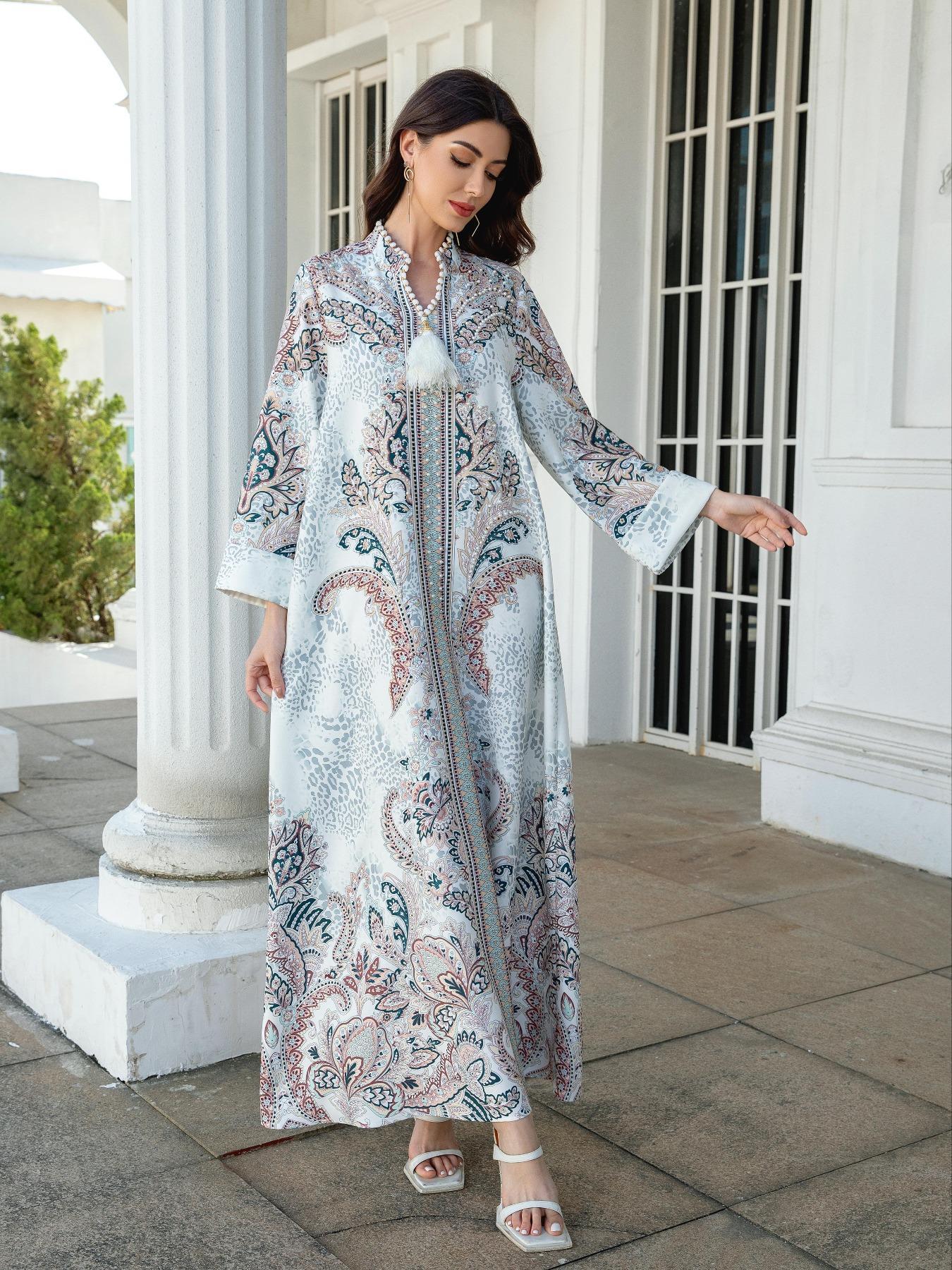 Women's V Neck Long Dress, All-Season Loose Fit A-Line Jalabiya, Long Sleeve, Soft 75D Stretch Fabric, Elegant Arabic Clothing