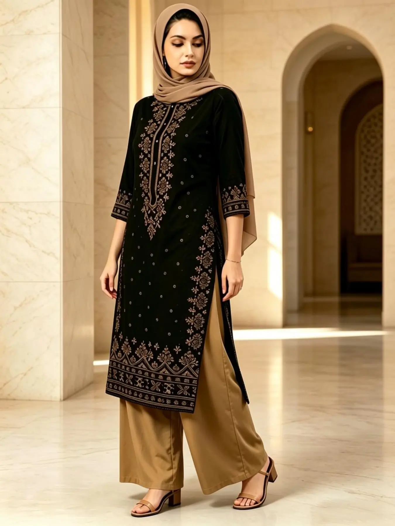 Women's Gold Embroidered Simple Kutti Two-Piece Set, Floral Embroidery, Long Sleeve, Casual, All Seasons, Mosque Worship, Family Gatherings
